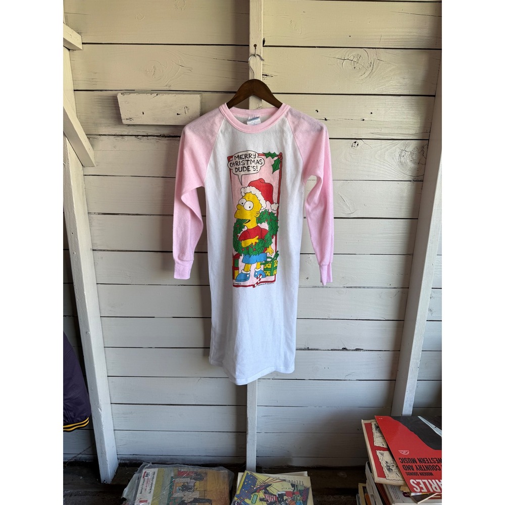 Vintage 1990 The Simpsons Bart Simpson Christmas Nightgown Pink Raglan Kids 12